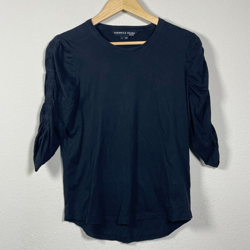 Veronica Beard Jeans Waldorf Ruched T-Shirt Top Womens M Black Quiet Luxury